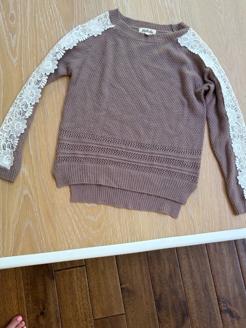 Listicle Taupe Crew Sweater with White Lace Sleeves